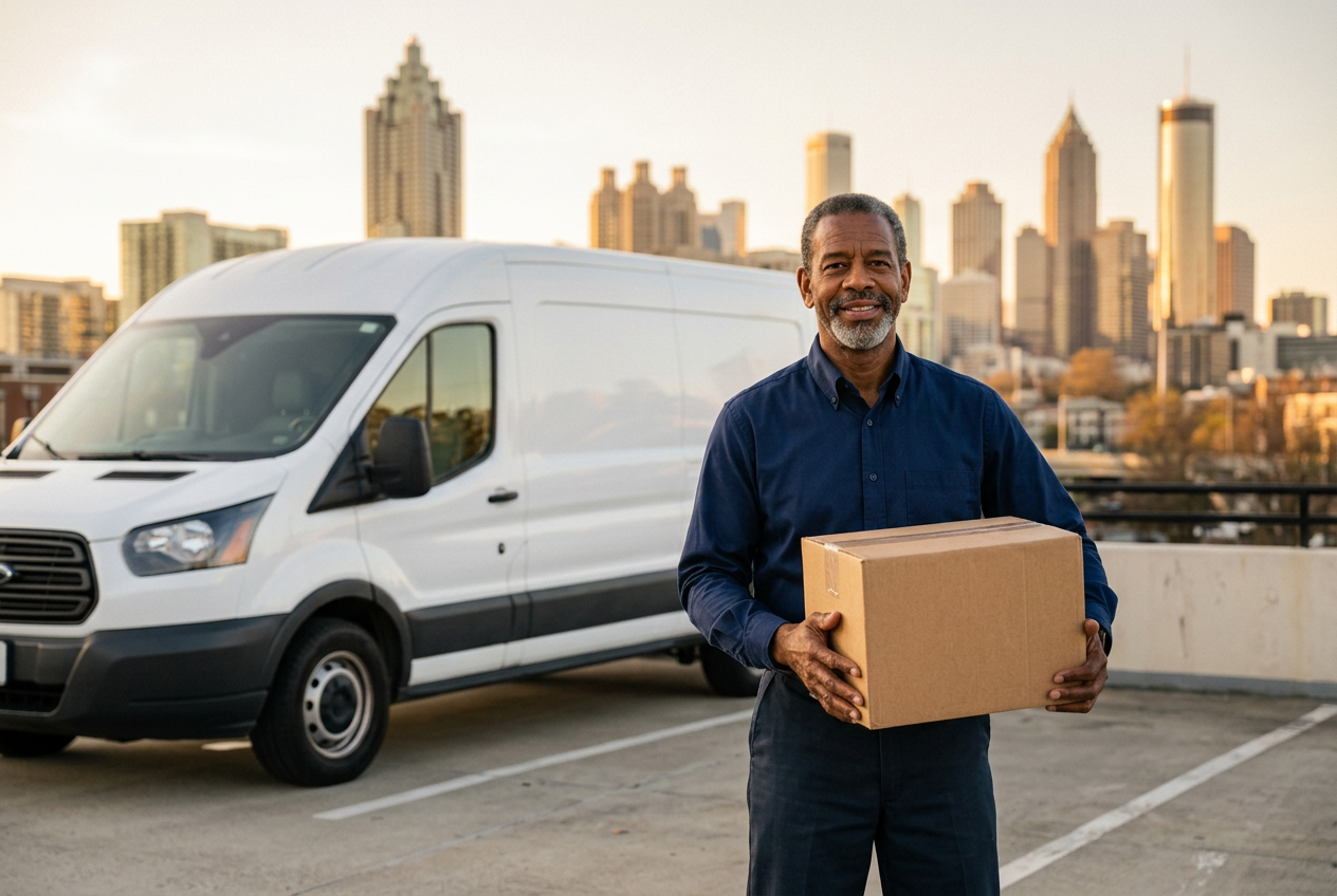 JMORR Courier Service owner holding a sealed package beside a white cargo van with the Atlanta skyline behind