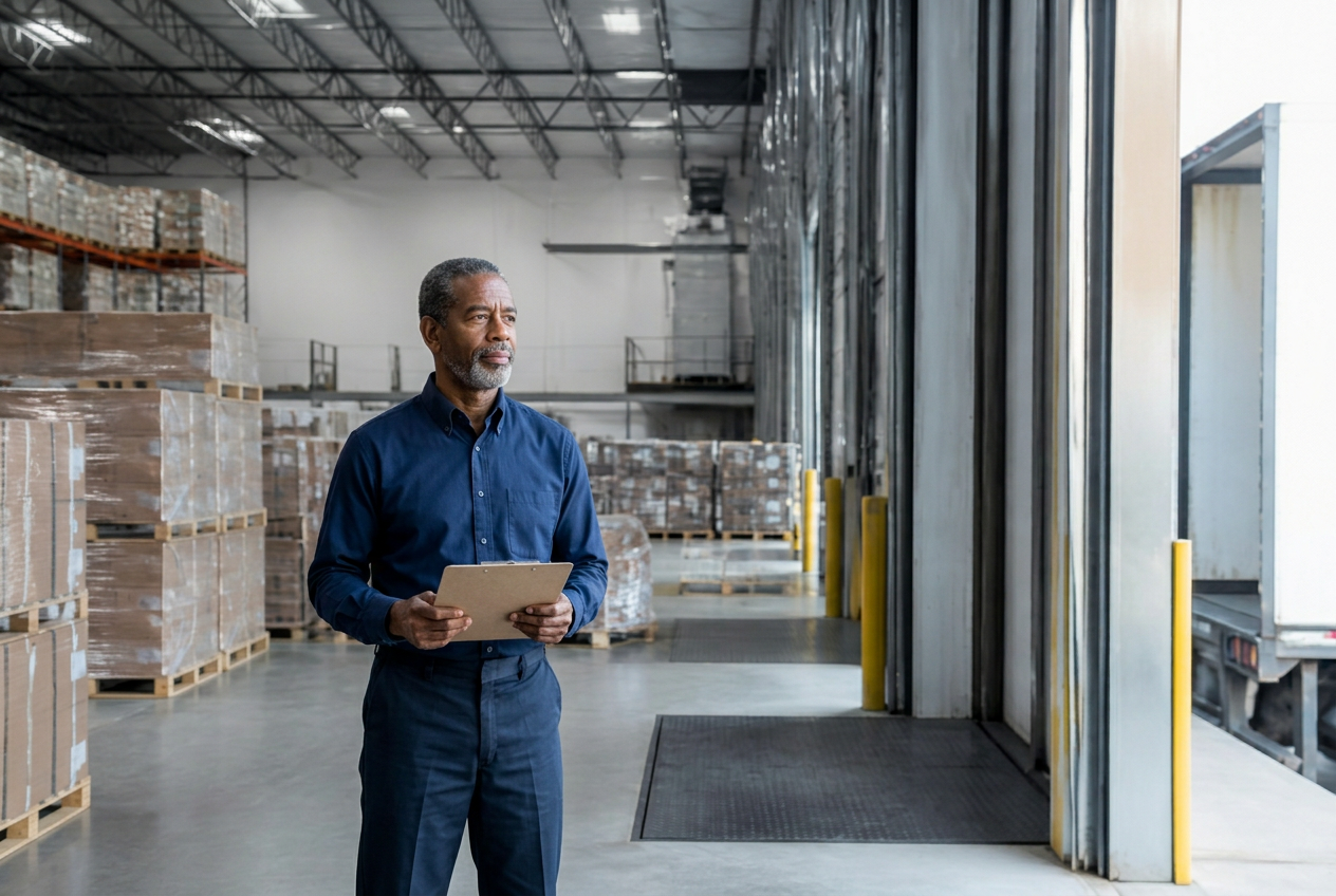 Business professional reviewing shipments beside a loading dock at an Atlanta-area distribution facility